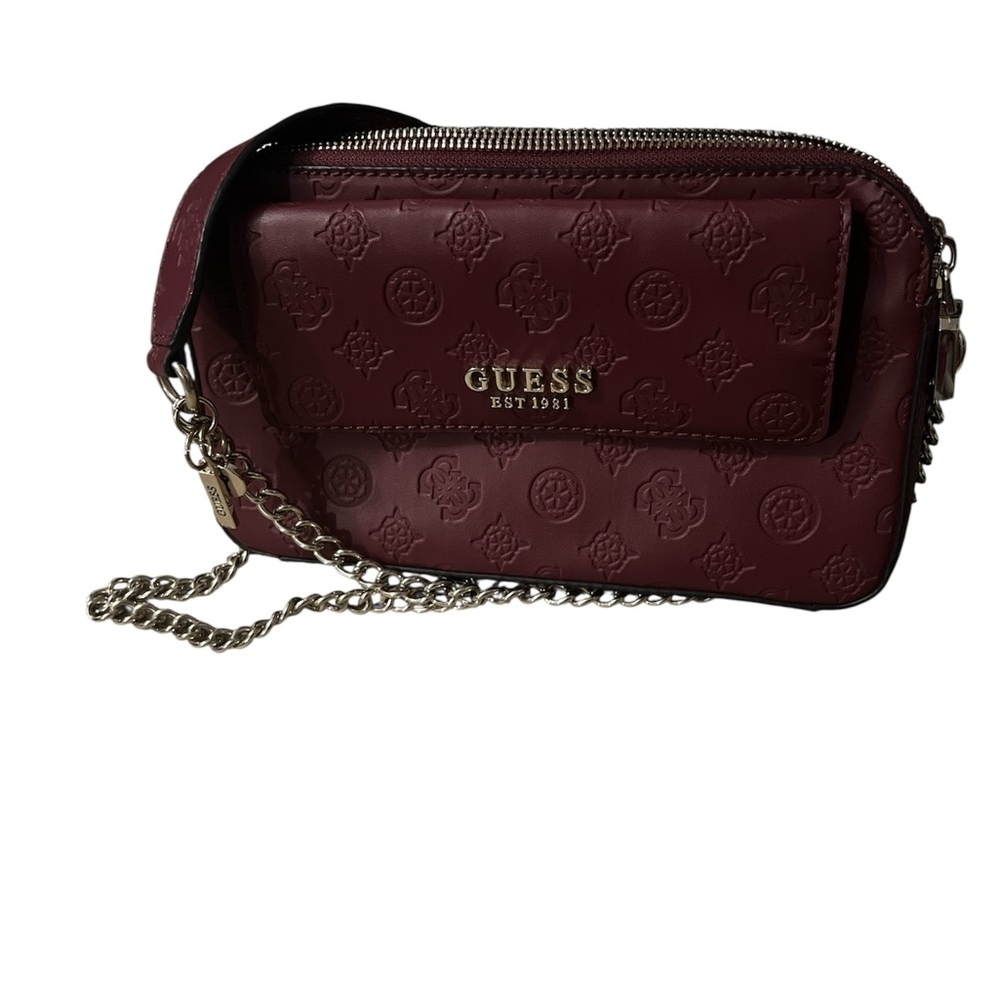 GUESS Debossed Logo Crossbody Bag Burgundy Maroon Silver Chain Strap NWOT